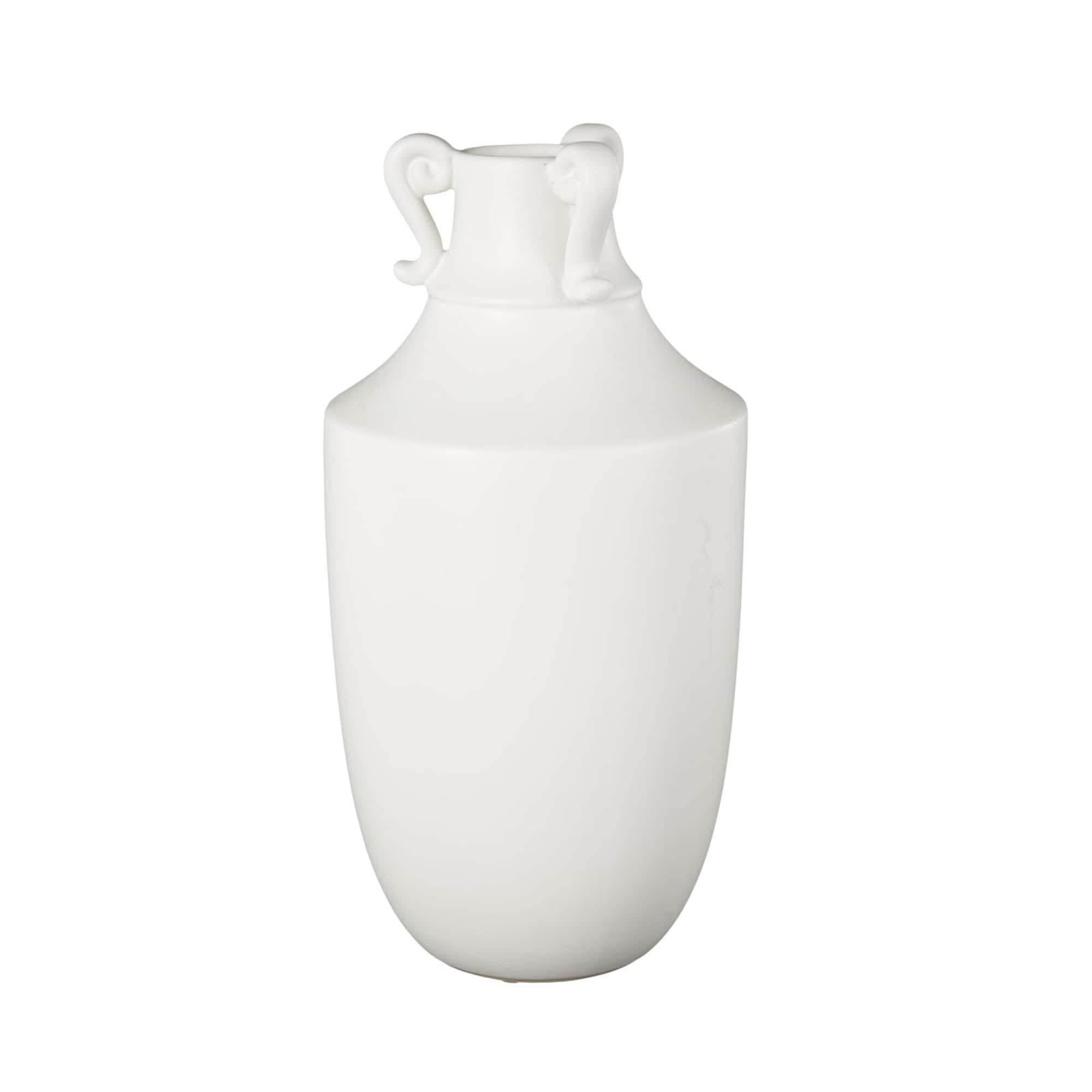 15.75" White Ceramic Sleek Amphora Vase with Scroll Handles